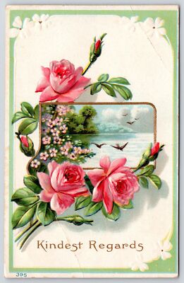 Kindest Regards Pink Rose Bouquet Forget-Me-Nots Landscape Postcard