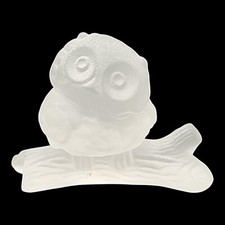 Vintage Frosted Glass Little Figurine Baby Owl on Tree Branch Adorable 2"