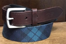 VINEYARD VINES Belt Brown Leather/ Canvas Blue Green Plaid Sz 30 1-3/8  Wide GUC