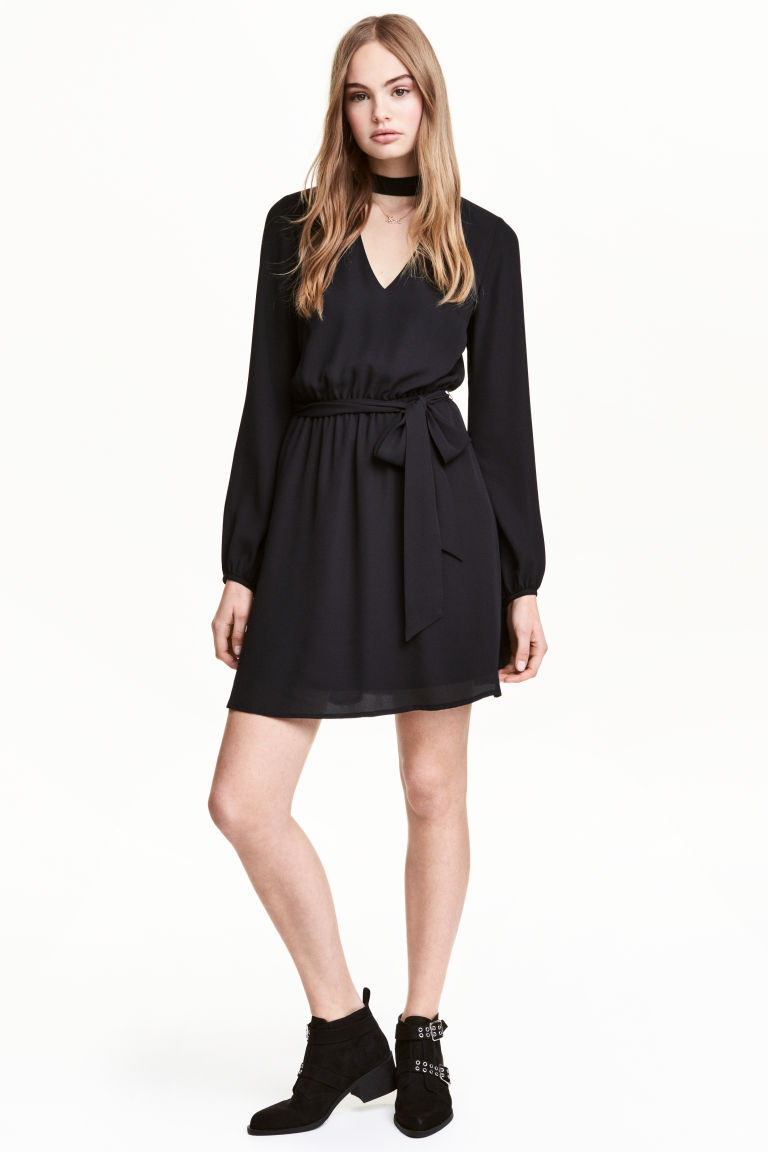 New! H&M Black Short Dress w/ Tie Belt & Choker Collar Size 2 Women's Polyester