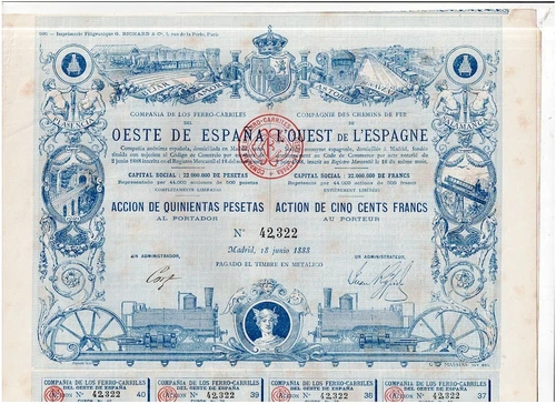 TAA #52 Cia. De Los Ferro-Carriles Oeste de Espana, Madrid 1888, 500 Pesetas, To