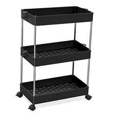 Slim Storage Cart, 3 Tier Bathroom Organizers Rolling Utility Cart Slide Black