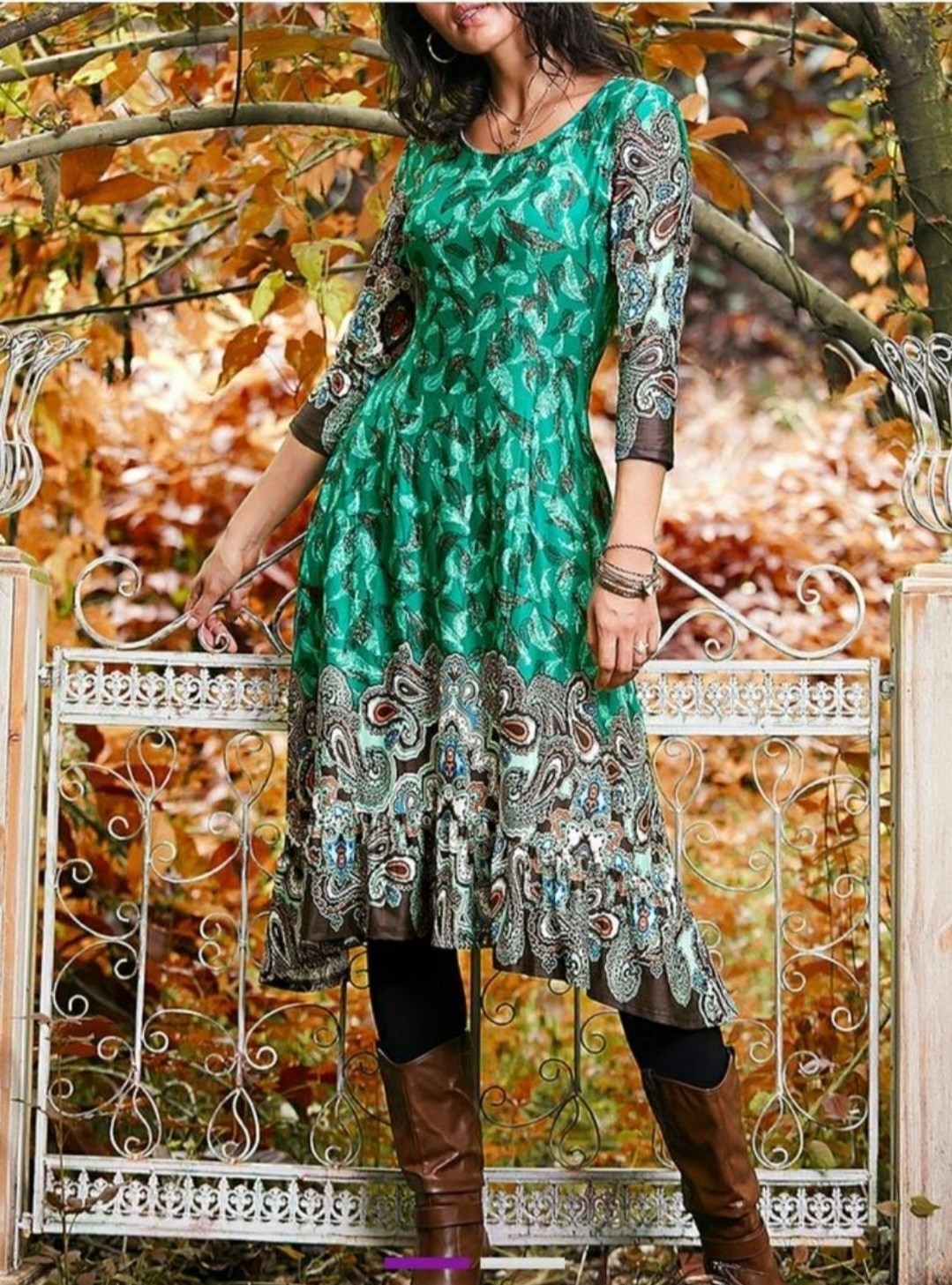 Women’s "Reborn" 1x Green Brown Blue Paisley Boho Cotton A-Line Midi Dress