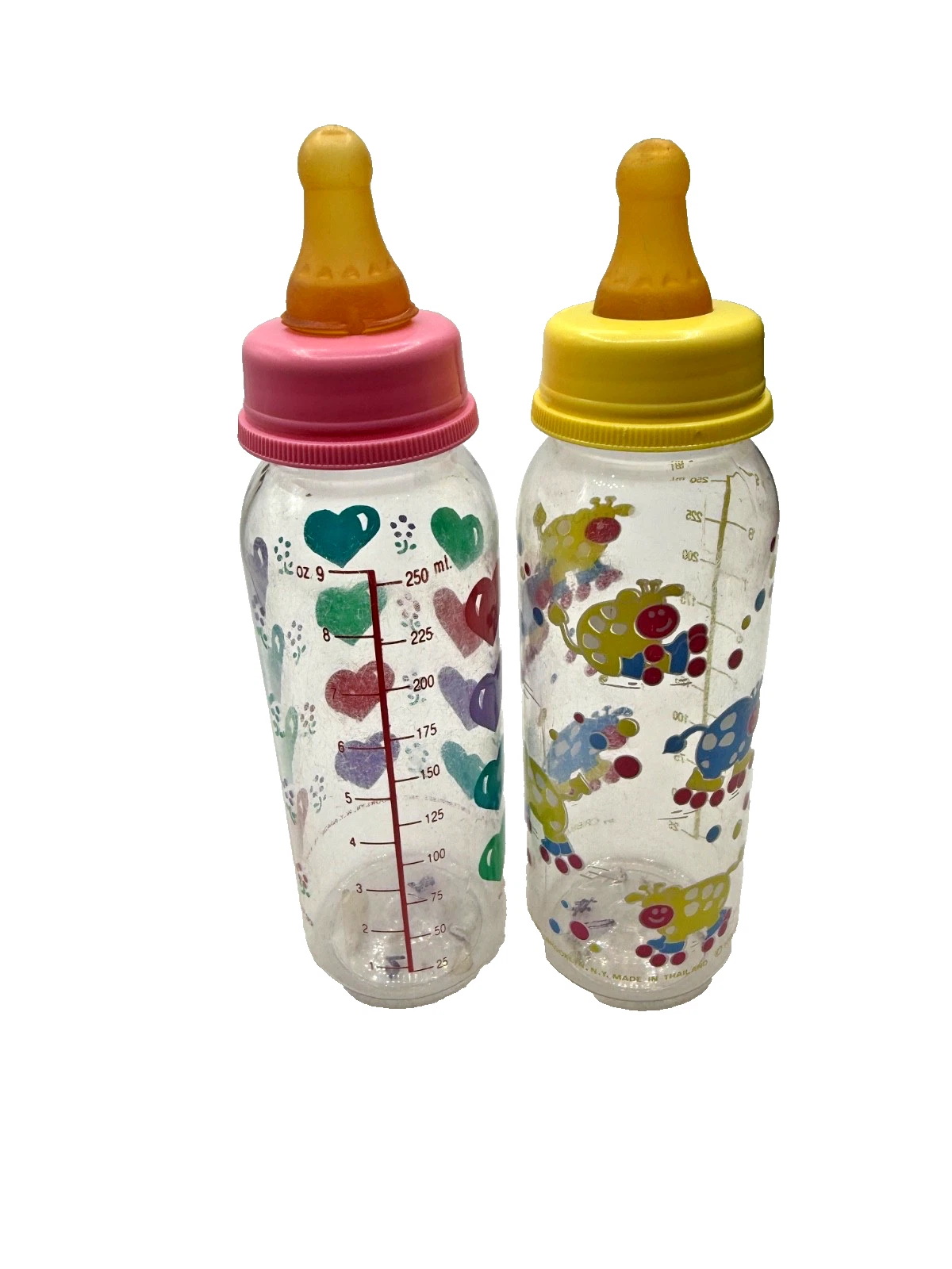 2 Vintage Cribmates Plastic Baby Bottle Multicolor Hearts & Cows