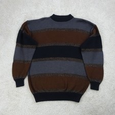 Mens Large Jumper Multicolour Horizontal Stripe Mock Neck Tight Knit Rib Winter