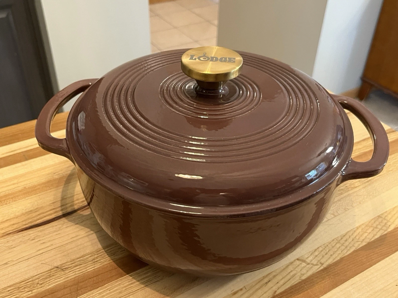 Lodge 4.5 Qt Enameled Cast Iron Dutch Oven Round Dual Handle Oven Safe Gold Knob