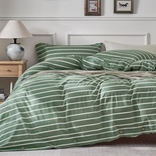 Cotton Duvet Cover Queen Size - Green Striped Comforter Cover with Button 100