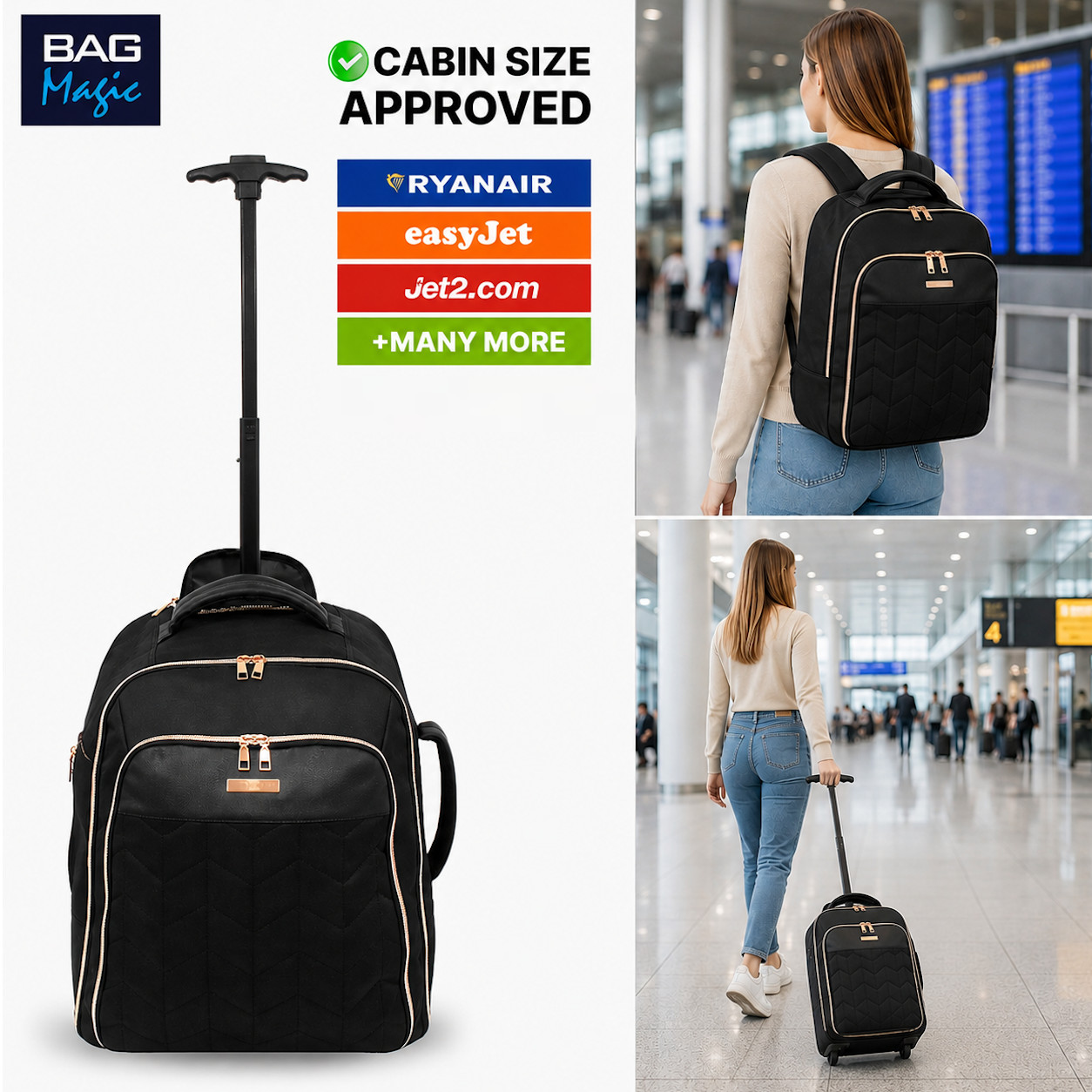 EasyJet Underseat Cabin Bag 45x36x20cm, Bordlite 2-in-1 Wheeled Backpack Holdall