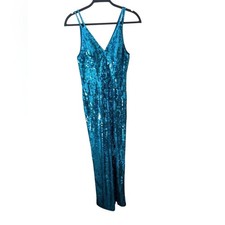 Vintage Adrianna Papell Column Formal Sequin Blue Maxi Dress Gown Size 10