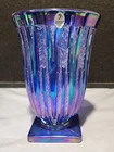 Fenton Verlys Iridescent Cobalt Blue Carnival Glass Vase 7 3/4" Label