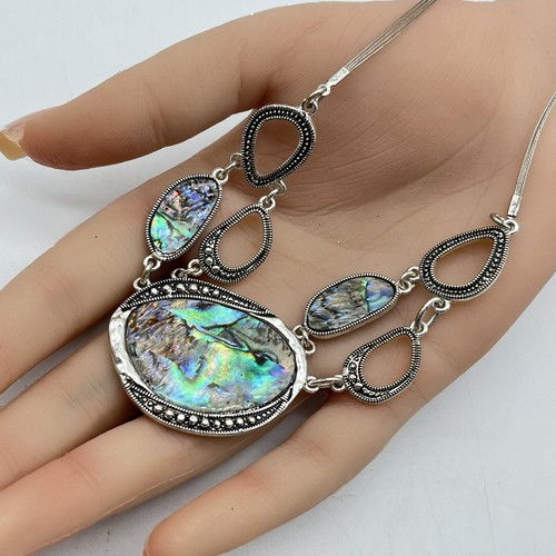 Abalone Pendant Necklace Silver Tone MOP Art Nouveau Boho - Picture 1 of 8