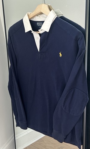 Vintage Polo Ralph Lauren Rugby Shirt L Navy Blue Elbow Patch Long Sleeve