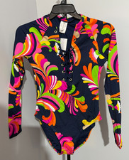 Trina Turk One Piece Swimsuit Rash Guard UV Women Large Floral Long Sleeve New