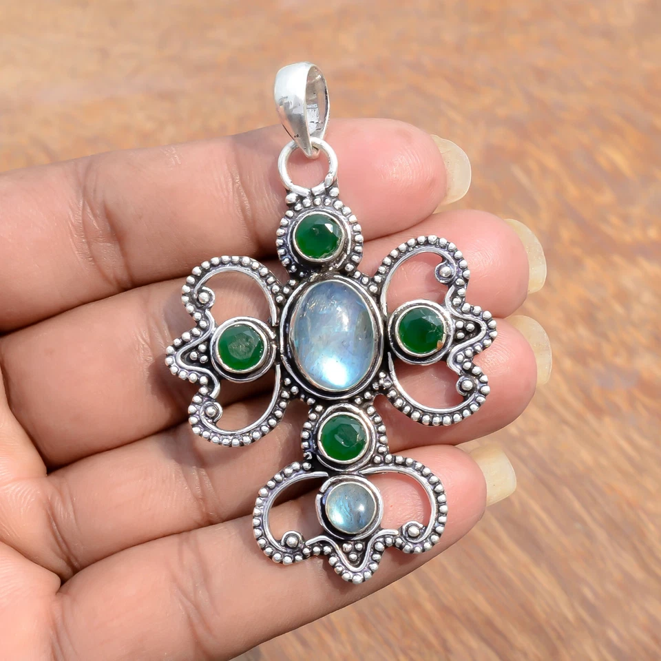 Labradorita y piedras preciosas de ónix verde cruz de plata de ley 925 joyería de nueva llegada Foto 3 de 4