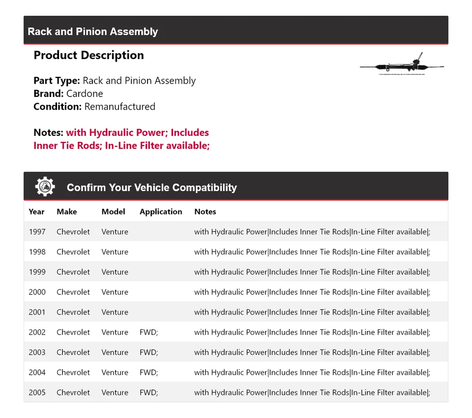 Conjunto de piñón y cremallera para Chevrolet Venture 1997-2005 Cardone 1998 1999 2000 Foto 2 de 4