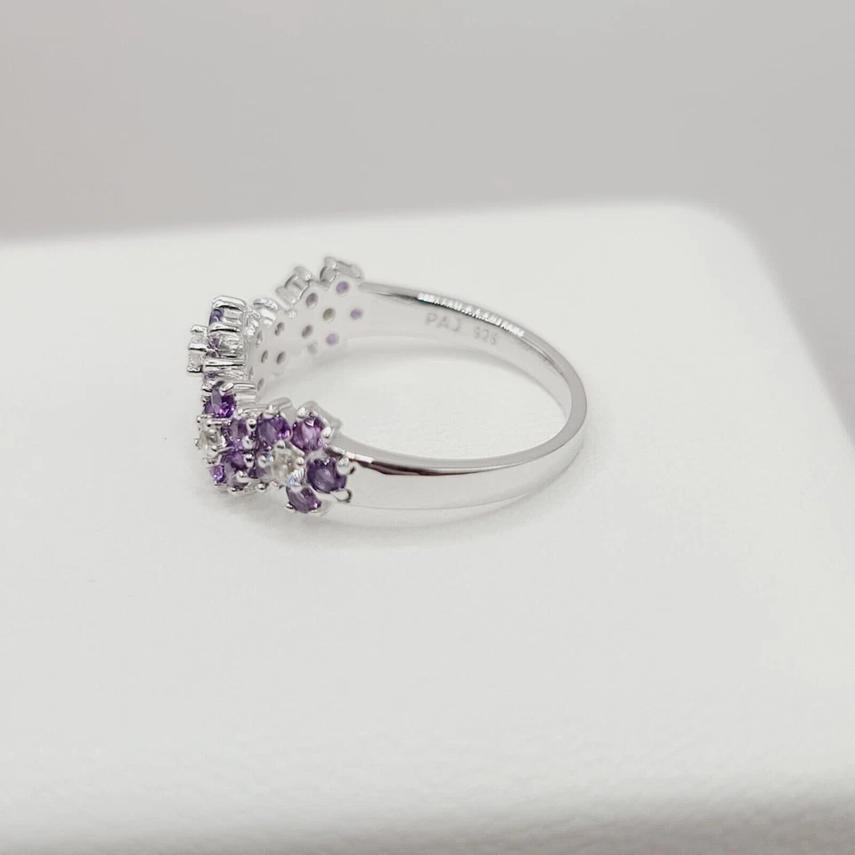 Женское потрясающее кольцо круглой огранки с имитацией аметиста с покрытием из белого золота 14 карат - Изображение 4 из 4