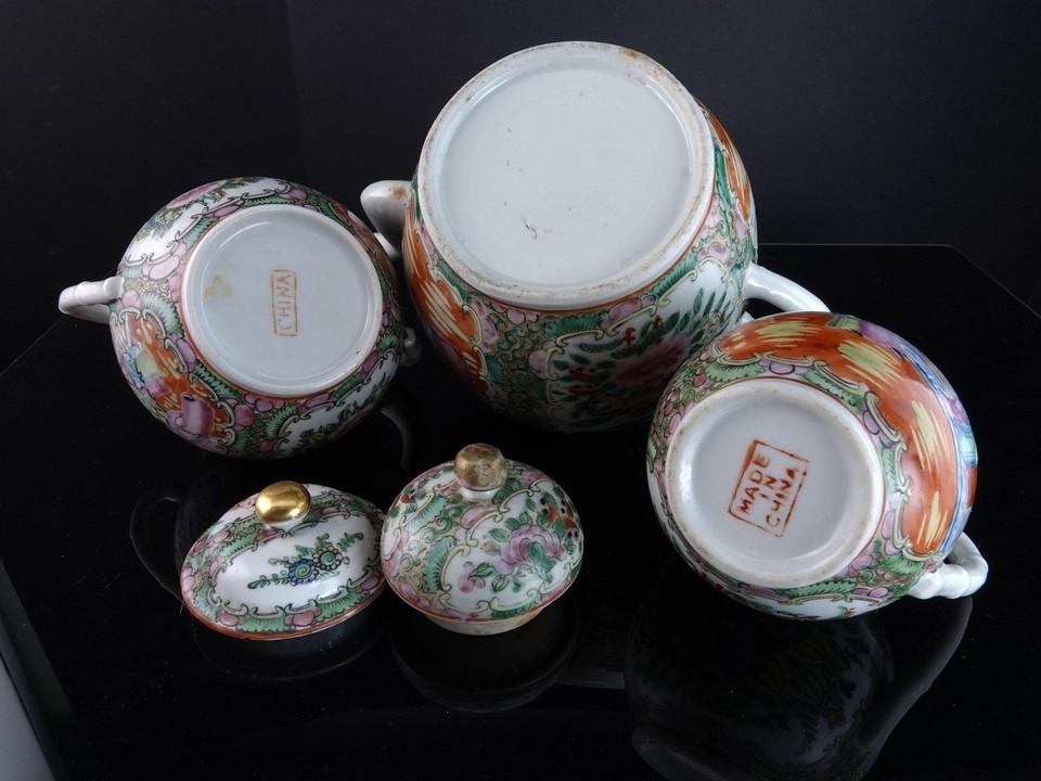 Antique Chinese Famille Rose Medallion Teapot Creamer and Sugar eBay