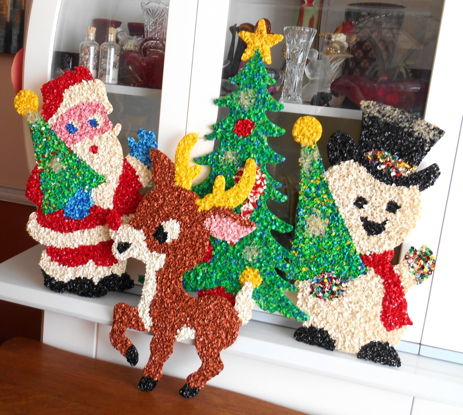 VINTAGE MELTED PLASTIC POPCORN CHRISTMAS DECORATIONS LOT OF 4 SANTA