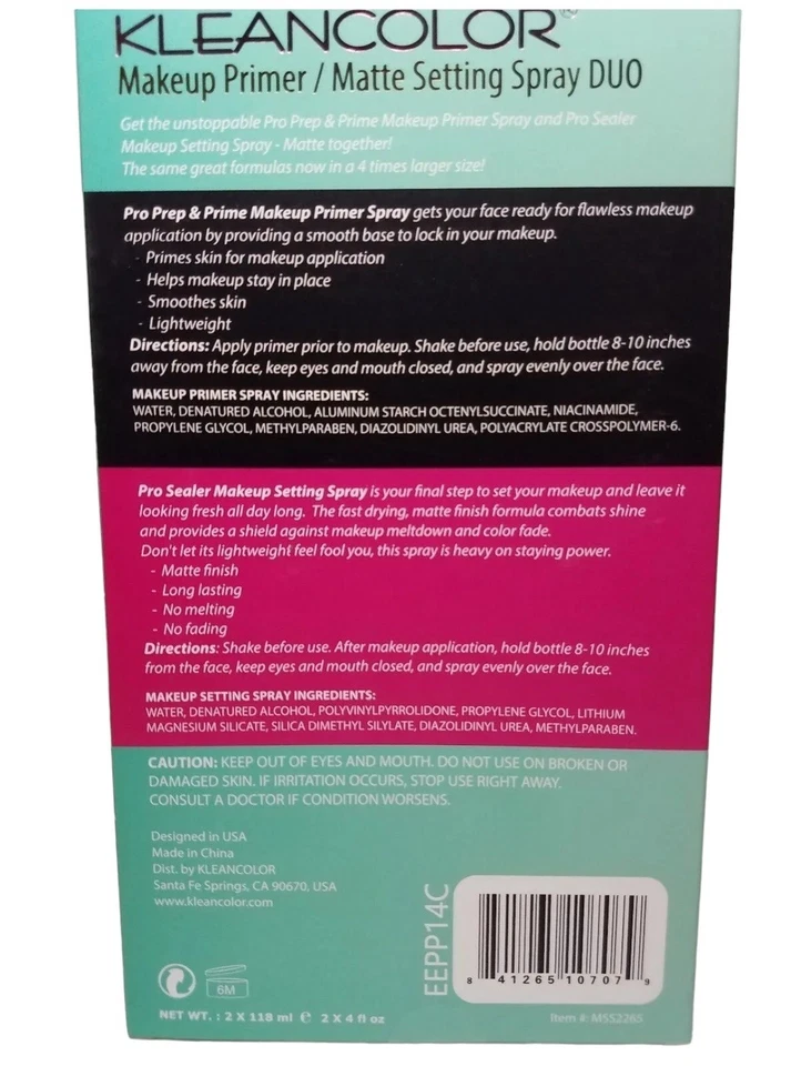 KLEANCOLOR PRO MAKEUP PRIMER & MATTE SETTING SPRAY DUO 4 OZ EA WITH SEALED BOX  - Image 2 of 3