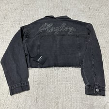Playboy Pacsun Size Xs/s Rhinestone Bling Cropped Black Denim Jacket Nwt Logo