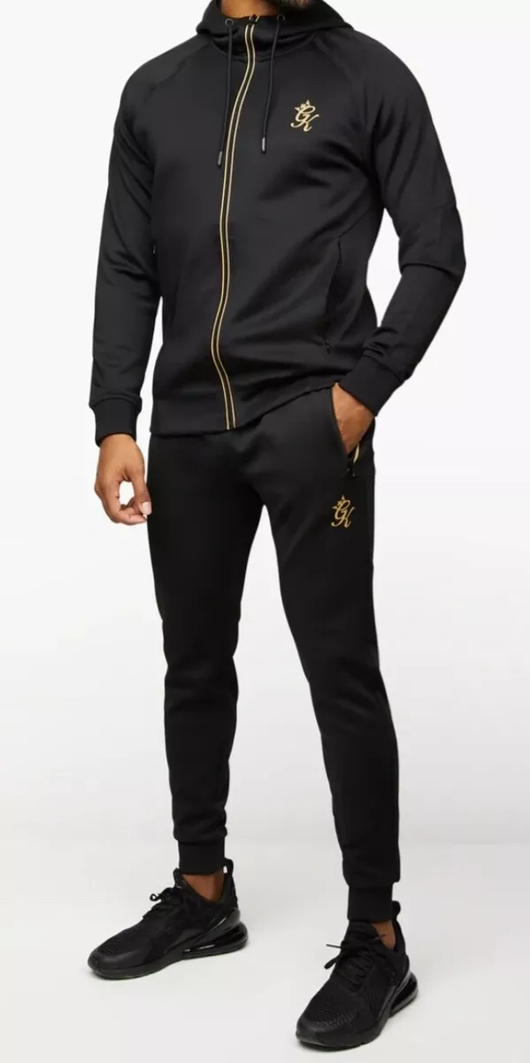 Gym King Full Zip Poly Hood Full Tracksuit Men Black Gold RRP 90