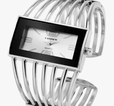 Silver Metal Double Band Fashion Women's Bangle Cuff Watch Battery Operating