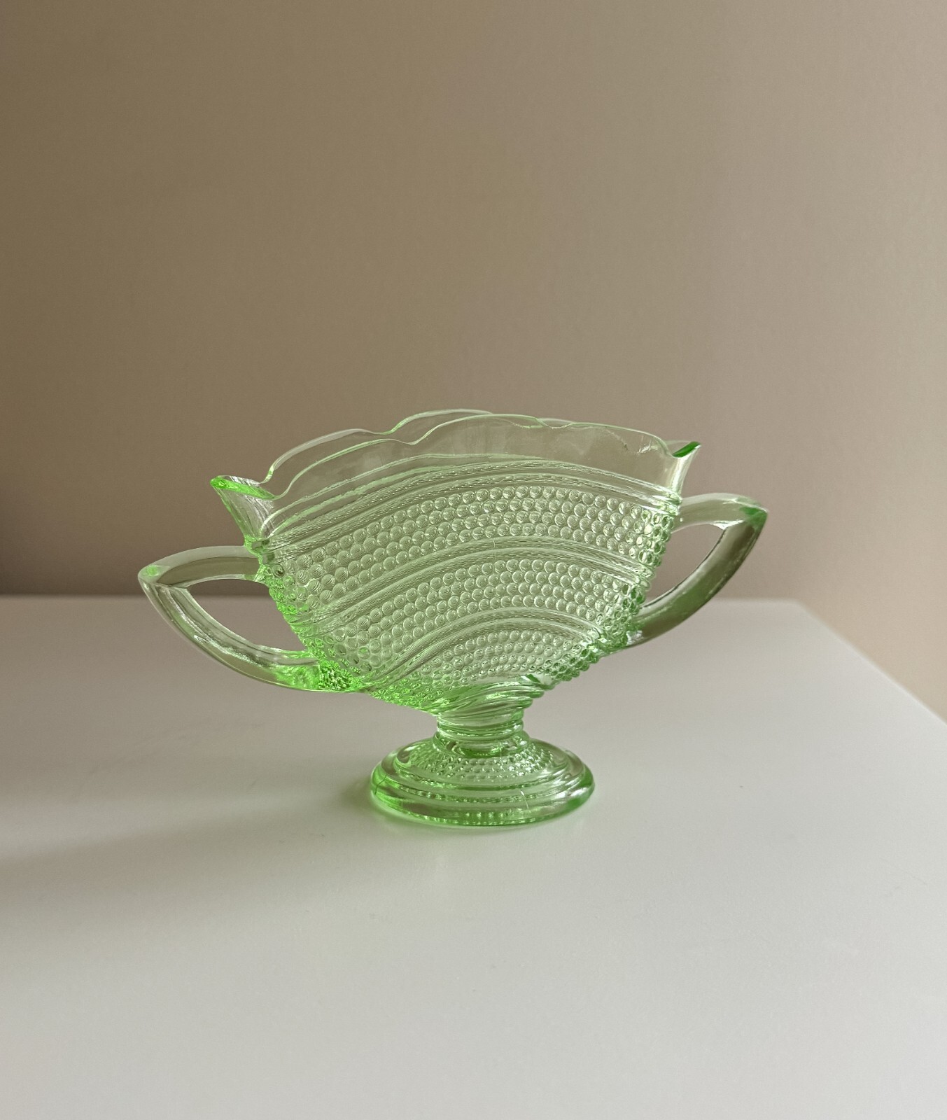 Vintage Green Uranium Glass Hobnail Fan Vase with Handles