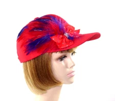 Red Baseball Cap Hat Feather Spray Rhinestones Marabou Bow Society Lady