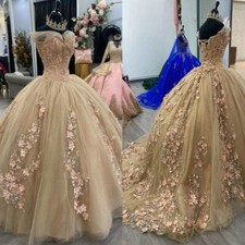 Champagne Quinceanera Dresses 3D Flower Off Shoulder Sweet 15 Pageant Ball Gown