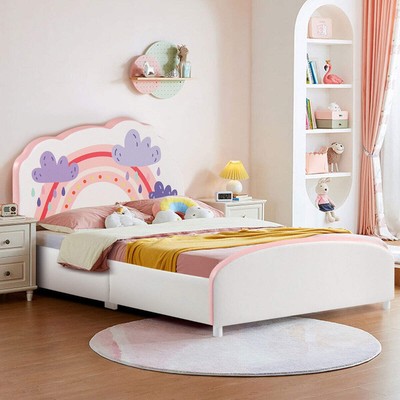 NNECW Twin Size Kids Wooden Upholstered Platform Bed with Astronaut/Unicorn/Clou