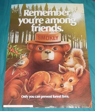 Vtg SMOKEY BEAR Paper Poster  1980 "Remember you're among friends."13" x 18 1/2"