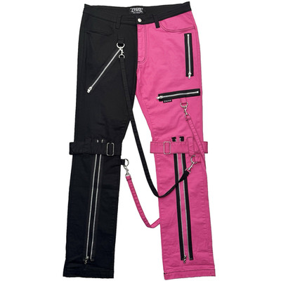 Tripp NYC Split Color Bondage Pants Unisex 36x32 Hot Pink & Black Punk Goth Emo