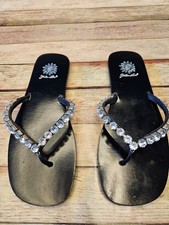 Yellow Box Black Thong Sandals Beaded Sequin Glitter Flip Flops Womens US 11