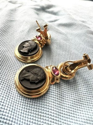 Viktorianische Ohrringe Gutta Percha Kamee mattschwarz, 14 Karat Gold, 10,1 gr,