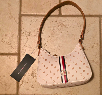 Tommy Hilfiger Logo Monogram Small Crescent Shoulder Bag Zip Brown Strap