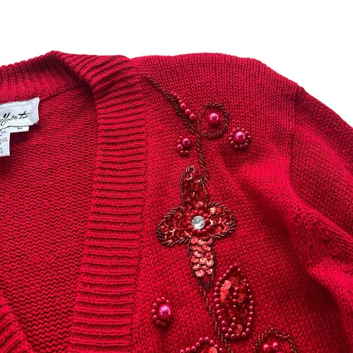 Seiberts Womens M Red Floral Beaded Sequin Knit Vintage Grandma Sweater Cardigan - Picture 5 of 23