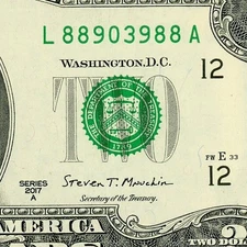 Doubles Paired  Bookend Fancy Serial Number Two Dollar Bill 2017A L88903988A