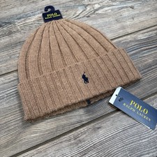 Polo Ralph Lauren Signature Merino Wool Blend Cuffed Beanie Khaki With Black New