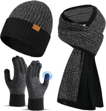 Men'S Winter Hat Scarf Gloves Set of 3, Knit Thermal Combo Gifts