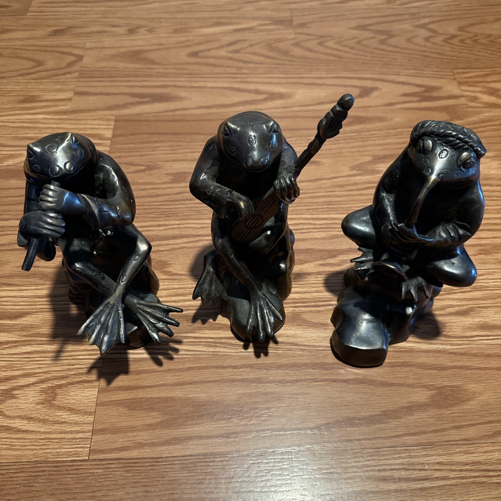 Art Deco Jazz Frog Trio Bronze Patina Sculptures Musician Band Set Rare Read Des