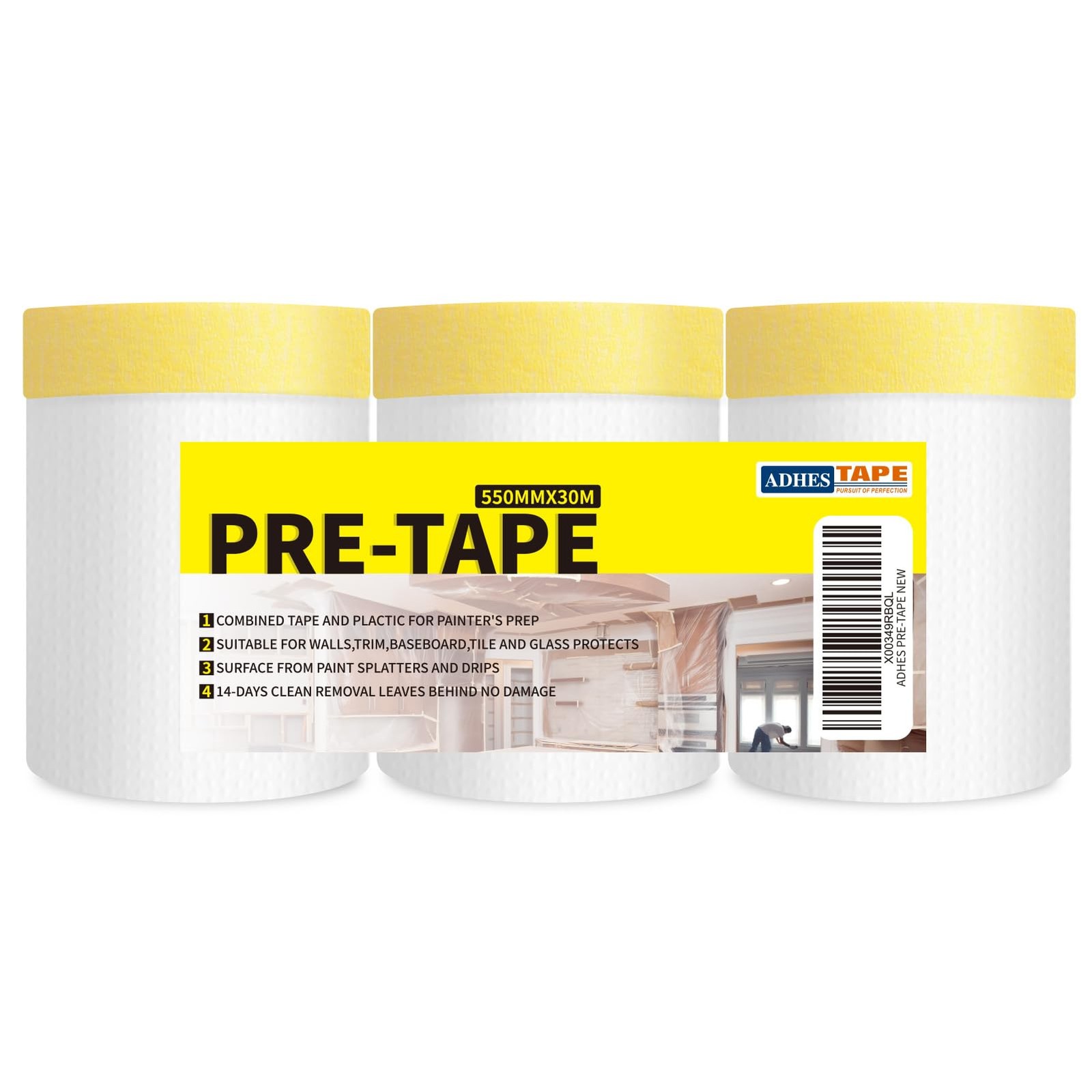 ADHES Pre-Taped Masking Film with Adhesive Edge 22x98 Feet 3 Rolls for Easy Painting