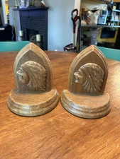 Vintage Wooden Carved Native American Chief Bookends Western 
