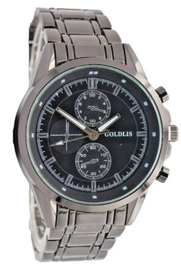 Goldlis Quarz Herren Uhr im Chrono Look 44mm Metall Armband Schwarz Farben Neu