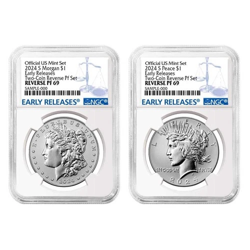 2024-S Reverse Proof $1 Morgan and Peace Silver Dollar 2pc Set NGC PF69 ER Blue