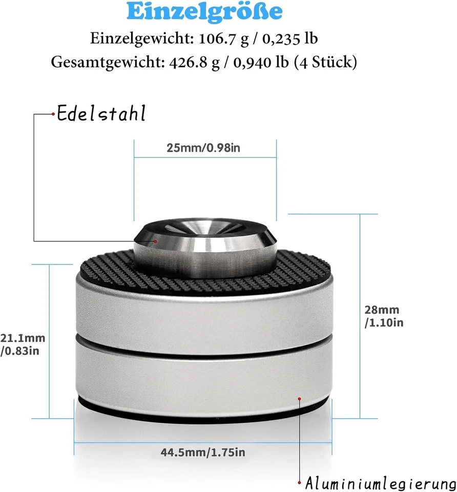 4 Stück HiFi Lautsprecher Füße aus Aluminium & Edelstahl - Silver Shock Absorber - Bild 4 von 4