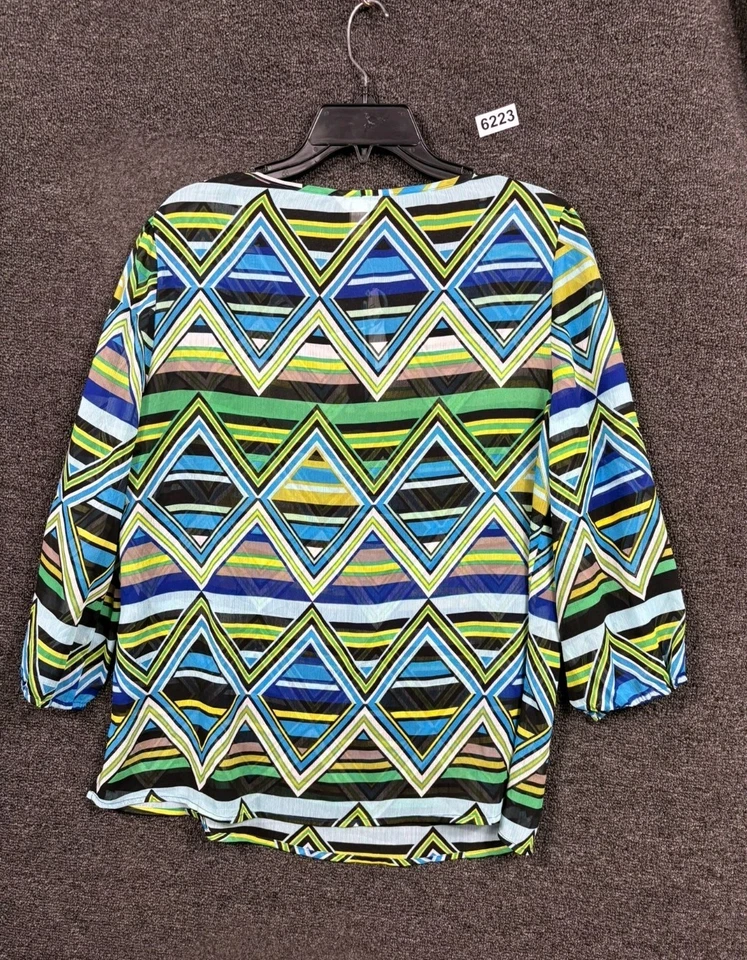 Blusa Banana Republic Feminina Tamanho G Azul/Verde Estampa Geométrica Decote V NOVA - Imagem 2 de 4