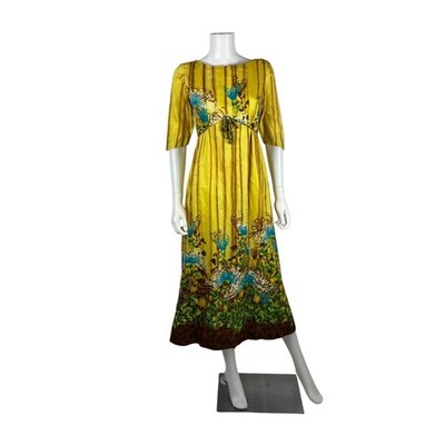 Vintage 60s Hawaiian Midi Dress Womens Small Yellow Cotton Sateen Floral  Print | eBay