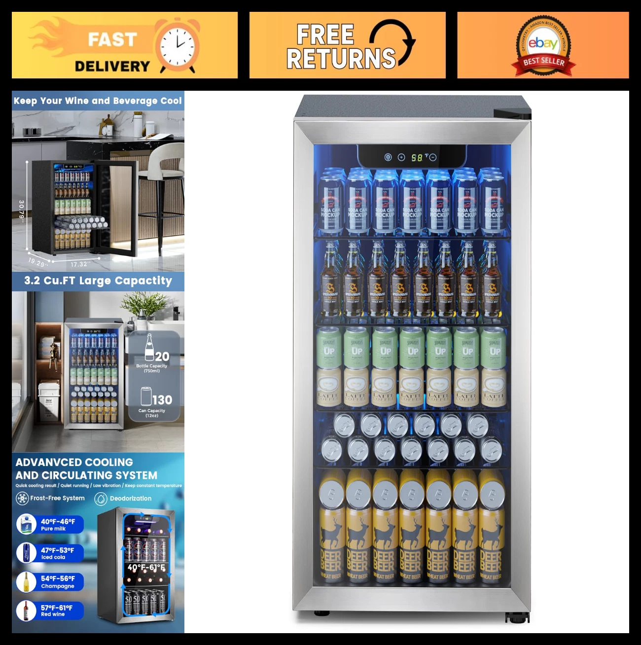 130 Can Mini Fridge Beverage Cooler, 3.2 Cu.Ft Drink Refrigerator for Soda, Wine
Opens in a new wind