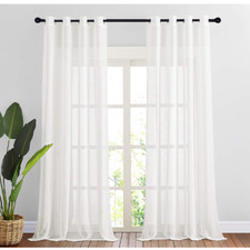 White Sheer Faux Linen Curtain Panels 52 x 91 Curtains Drapes Grommets PAIR New