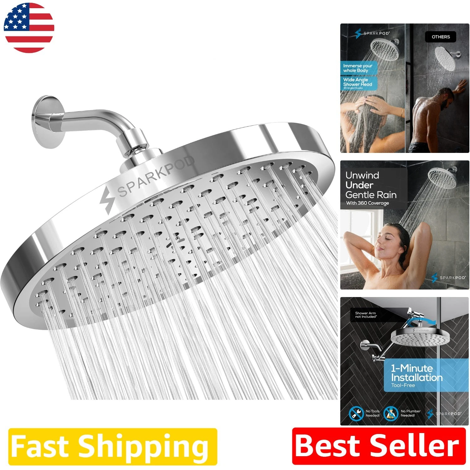 Easy Install Luxury Shower Head 8 Inch Round Polished Chrome High Pressure